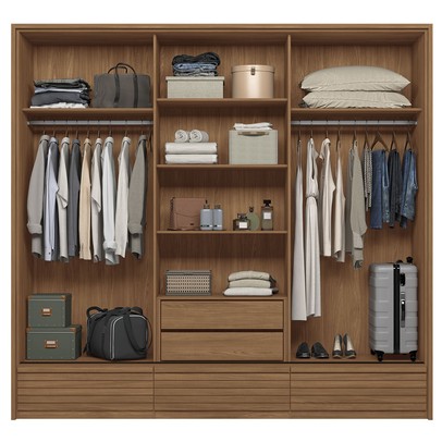 Guarda-Roupa Casal Democrata 3 Portas 5 Gavetas com Espelho Ripado Flex Jatoba/Areia - Santos Andira