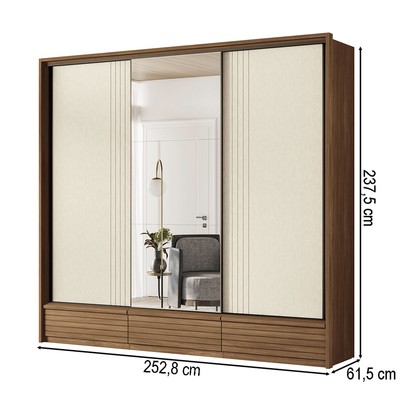 Guarda-Roupa Casal Democrata 3 Portas 5 Gavetas com Espelho Ripado Flex Jatoba/Areia - Santos Andira