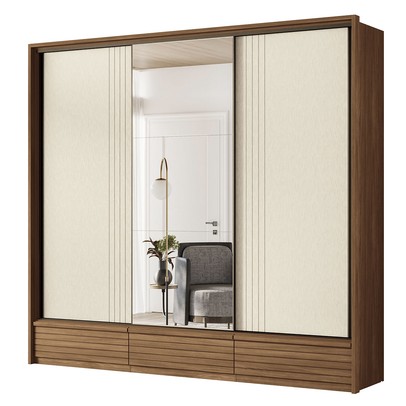 Guarda-Roupa Casal Democrata 3 Portas 5 Gavetas com Espelho Ripado Flex Jatoba/Areia - Santos Andira