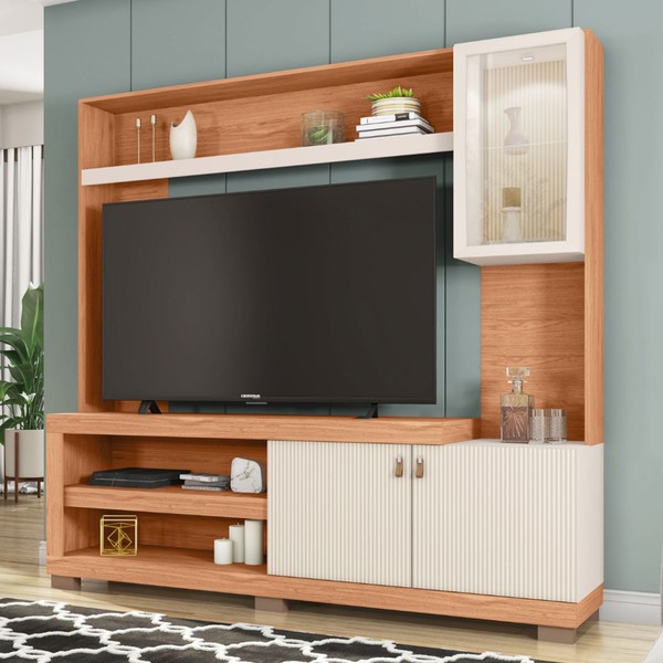 Estante para TV Até 55 Polegadas Lume 3 Portas com Led e Vidro Freijó/Off White - Caemmun