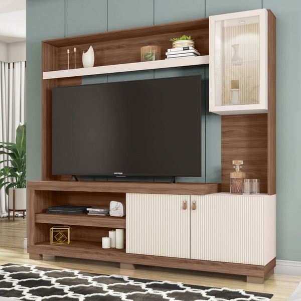 Estante para TV Até 55 Polegadas Lume 3 Portas com Led e Vidro Nogueira San Remo/Off White - Caemmun