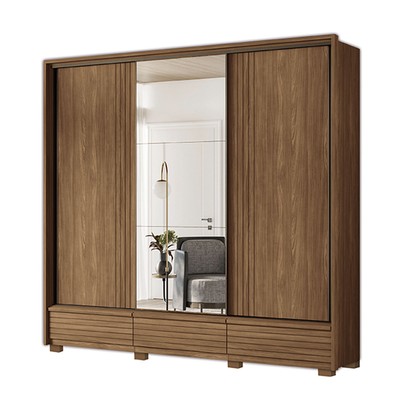 Guarda-Roupa Casal Democrata 6 Portas 5 Gavetas com Espelho Ripado Flex Jatoba/Areia 163643 - Santos Andirá