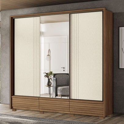 Guarda-Roupa Casal Democrata 6 Portas 5 Gavetas com Espelho Ripado Flex Jatoba/Areia 163643 - Santos Andirá