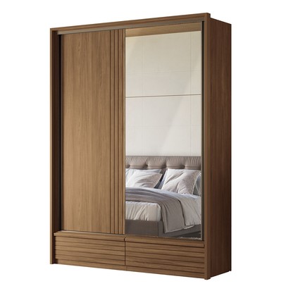 Guarda-Roupa Solteiro Democrata 2 Portas 4 Gavetas com Espelho Ripado Flex Jatoba/Areia - Santos Andirá