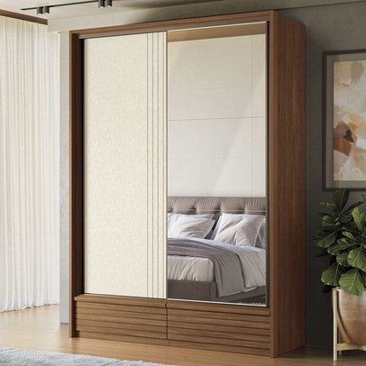 Guarda-Roupa Solteiro Democrata 2 Portas 4 Gavetas com Espelho Ripado Flex Jatoba/Areia - Santos Andirá