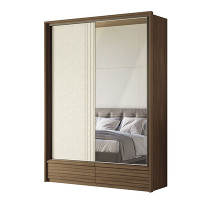 Guarda-Roupa Solteiro Democrata 2 Portas 4 Gavetas com Espelho Ripado Flex Jatoba/Areia - Santos Andirá