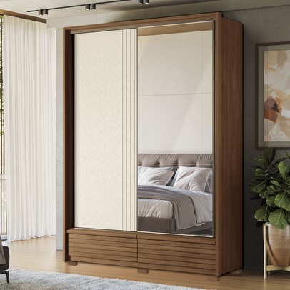 Guarda-Roupa Solteiro Democrata 2 Portas 4 Gavetas com Espelho Ripado Flex Jatoba/Areia 163743 - Santos Andirá