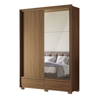 Guarda-Roupa Solteiro Democrata 2 Portas 4 Gavetas com Espelho Ripado Flex Jatoba/Areia 163743 - Santos Andirá