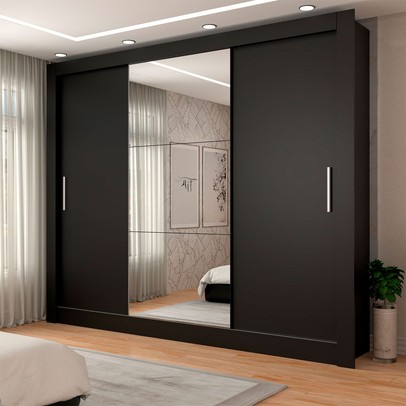 Guarda-Roupa Casal Miami 3 Portas de Correr com Espelho 3 Gavetas Preto Fosco - Panorama Móveis