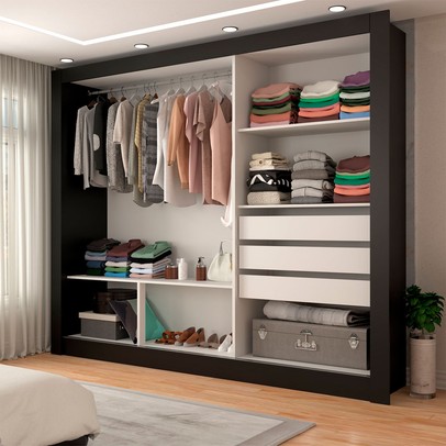 Guarda-Roupa Casal Miami 3 Portas de Correr com Espelho 3 Gavetas Preto Fosco - Panorama Móveis