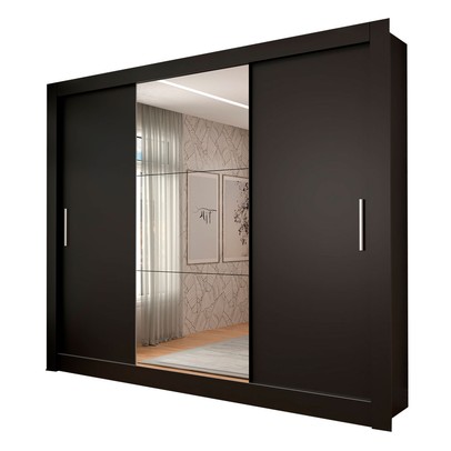 Guarda-Roupa Casal Miami 3 Portas de Correr com Espelho 3 Gavetas Preto Fosco - Panorama Móveis