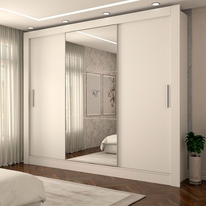 Guarda-Roupa Casal Miami 3 Portas de Correr com Espelho 3 Gavetas Branco Fosco - Panorama Móveis