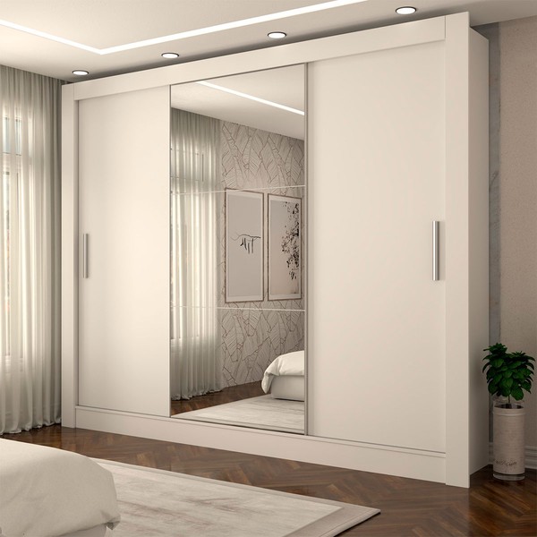 Guarda-Roupa Casal Miami 3 Portas de Correr com Espelho 3 Gavetas Branco Fosco - Panorama Móveis