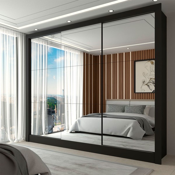 Guarda-Roupa Casal Nevada 3 Portas 3 Gavetas com Espelho Preto - Panorama Móveis