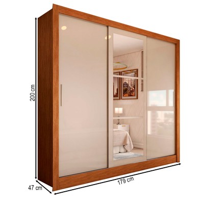 Guarda-Roupa Casal Cali 3 Portas 3 Gavetas com Espelho Cinamomo/Off White - Panorama Móveis
