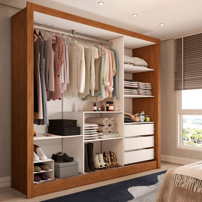 Guarda-Roupa Casal Cali 3 Portas 3 Gavetas com Espelho Cinamomo/Off White - Panorama Móveis