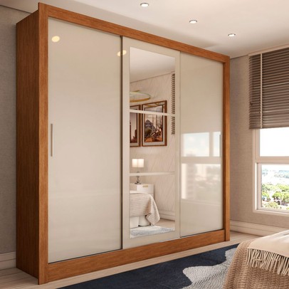 Guarda-Roupa Casal Cali 3 Portas 3 Gavetas com Espelho Cinamomo/Off White - Panorama Móveis