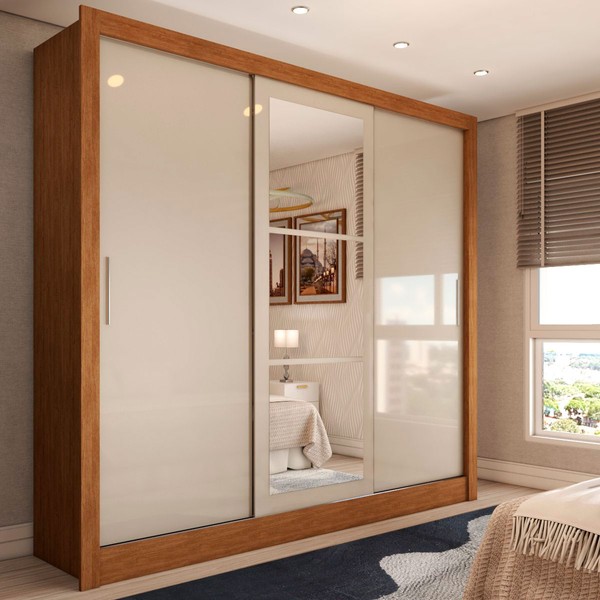 Guarda-Roupa Casal Cali 3 Portas 3 Gavetas com Espelho Cinamomo/Off White - Panorama Móveis