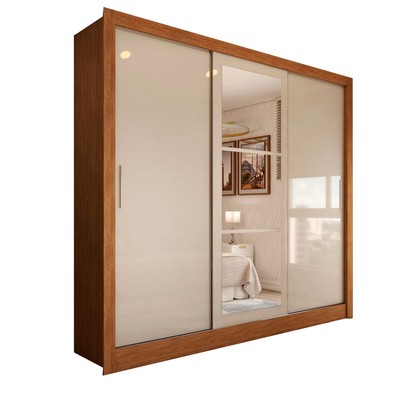 Guarda-Roupa Casal Cali 3 Portas 3 Gavetas com Espelho Cinamomo/Off White - Panorama Móveis
