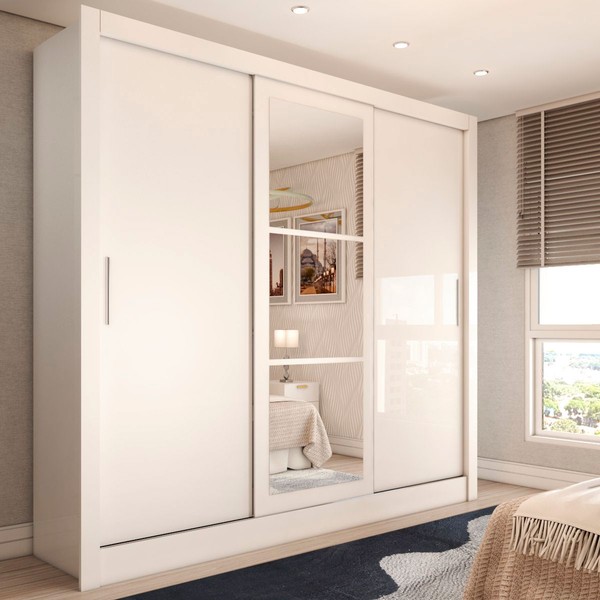 Guarda-Roupa Casal Cali 3 Portas 3 Gavetas com Espelho Branco - Panorama Móveis