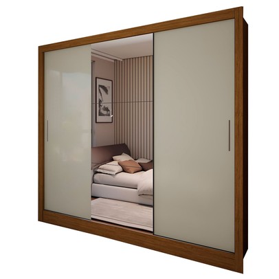 Guarda-Roupa Casal Colie 3 Portas 3 Gavetas com Espelho Cinamomo/Off White - Panorama Móveis