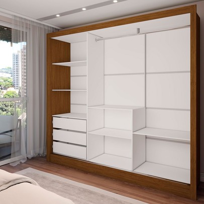 Guarda-Roupa Casal Colie 3 Portas 3 Gavetas com Espelho Cinamomo/Off White - Panorama Móveis