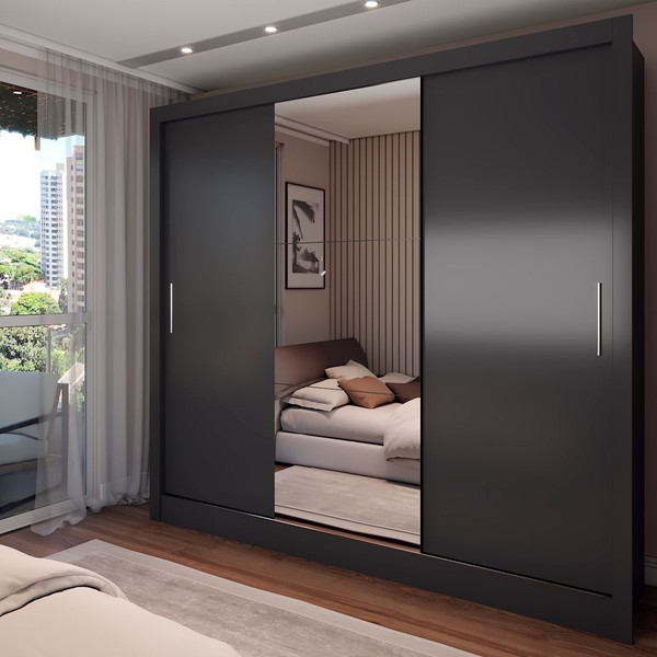 Guarda-Roupa Casal Colie 3 Portas 3 Gavetas com Espelho Preto - Panorama Móveis