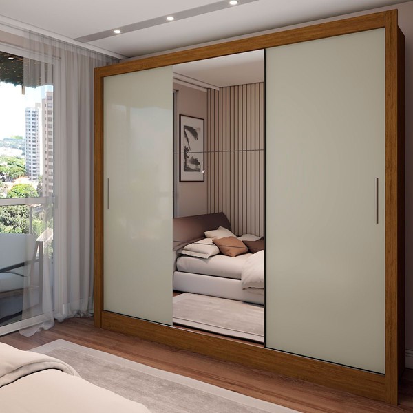 Guarda-Roupa Casal Colie Slim 3 Portas com Espelho Cinamomo/Off White - Panorama Móveis
