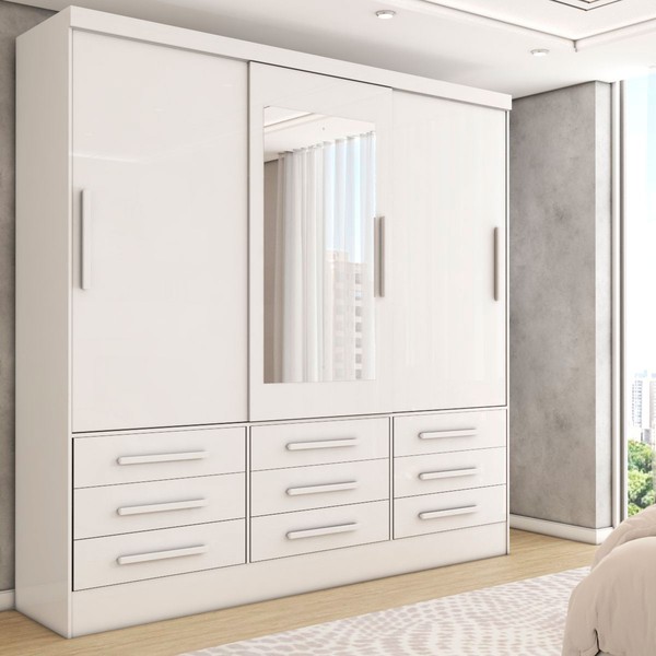Guarda-Roupa Casal Joris 3 Portas 9 Gavetas com Espelho Branco - Panorama Móveis
