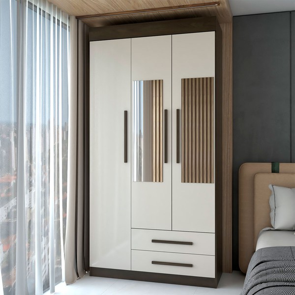 Guarda-Roupa Solteiro Sublime 3 Portas 2 Gavetas com Espelho Imbuia/Off White - Panorama Móveis