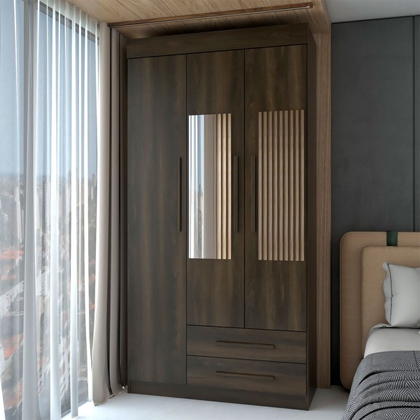 Guarda-Roupa Solteiro Sublime 3 Portas 2 Gavetas com Espelho Imbuia - Panorama Móveis