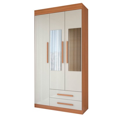Guarda-Roupa Solteiro Sublime 3 Portas 2 Gavetas com Espelho Cinamomo/Off White - Panorama Móveis