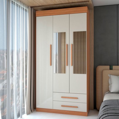 Guarda-Roupa Solteiro Sublime 3 Portas 2 Gavetas com Espelho Cinamomo/Off White - Panorama Móveis