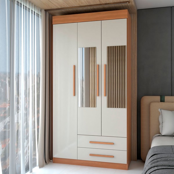 Guarda-Roupa Solteiro Sublime 3 Portas 2 Gavetas com Espelho Cinamomo/Off White - Panorama Móveis