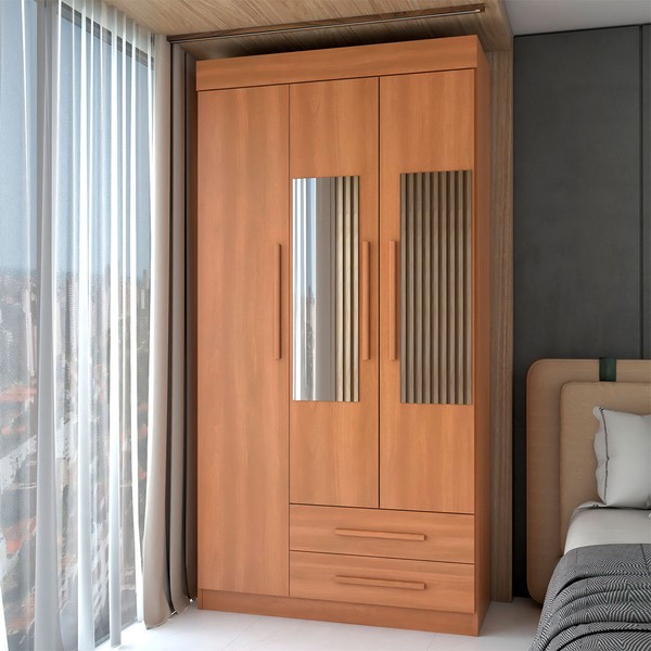 Guarda-Roupa Solteiro Sublime 3 Portas 2 Gavetas com Espelho Cinamomo - Panorama Móveis