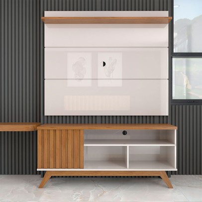 Rack com Painel para TV Até 55 Polegadas Luxe 1 Porta 1 Prataleira Off White/Freijó - Panorama Móveis