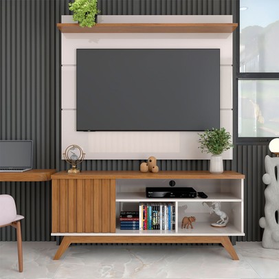 Rack com Painel para TV Até 55 Polegadas Luxe 1 Porta 1 Prataleira Off White/Freijó - Panorama Móveis