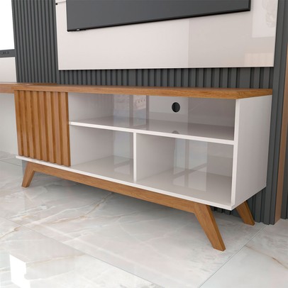 Rack com Painel para TV Até 55 Polegadas Luxe 1 Porta 1 Prataleira Off White/Freijó - Panorama Móveis
