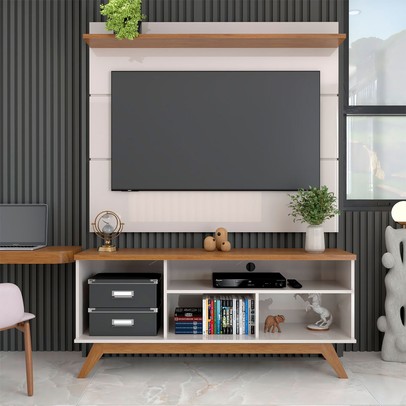 Rack com Painel para TV Até 55 Polegadas Luxe 1 Porta 1 Prataleira Off White/Freijó - Panorama Móveis