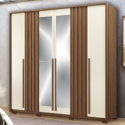 Guarda-Roupa Casal Coimbra 6 Portas 4 Gavetas com Espelho Ripado 16524 Jatoba/Areia - Santos Andirá