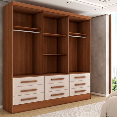 Guarda-Roupa Casal Maragogi 3 Portas 9 Gavetas com Espelho Cinamomo/Off White - Panorama Móveis