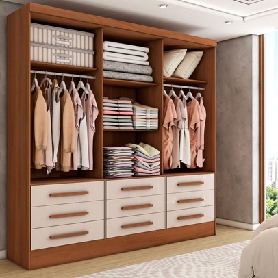 Guarda-Roupa Casal Maragogi 3 Portas 9 Gavetas com Espelho Cinamomo/Off White - Panorama Móveis