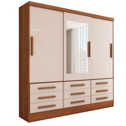 Guarda-Roupa Casal Maragogi 3 Portas 9 Gavetas com Espelho Cinamomo/Off White - Panorama Móveis
