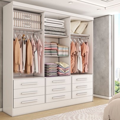 Guarda-Roupa Casal Maragogi 3 Portas 9 Gavetas com Espelho Branco - Panorama Móveis