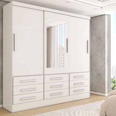 Guarda-Roupa Casal Maragogi 3 Portas 9 Gavetas com Espelho Branco - Panorama Móveis