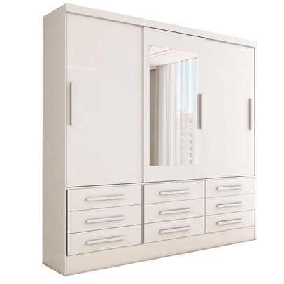 Guarda-Roupa Casal Maragogi 3 Portas 9 Gavetas com Espelho Branco - Panorama Móveis