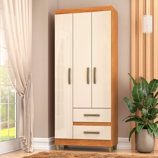 Guarda-Roupa Solteiro Sole 3 Portas 2 Gavetas Cinamomo/Off White - Pnr Móveis