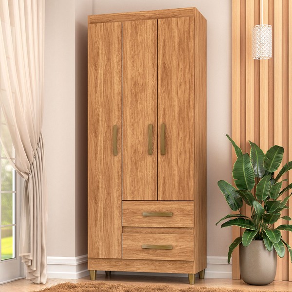Guarda-Roupa Solteiro Sole 3 Portas 2 Gavetas Mel - Pnr Móveis