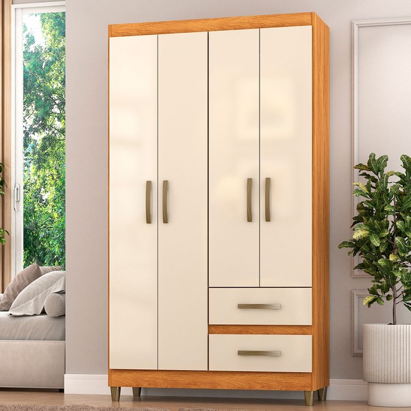 Guarda-Roupa Solteiro Dória 4 Portas 2 Gavetas Cinamomo/Off White - Pnr Móveis