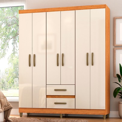 Guarda-Roupa Solteiro Essenza 6 Portas 2 Gavetas Cinamomo/Off White - Pnr Móveis
